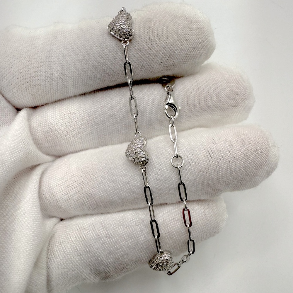 7” .925 Sterling Silver Cz Heart Bracelet - Picture 10 of 13